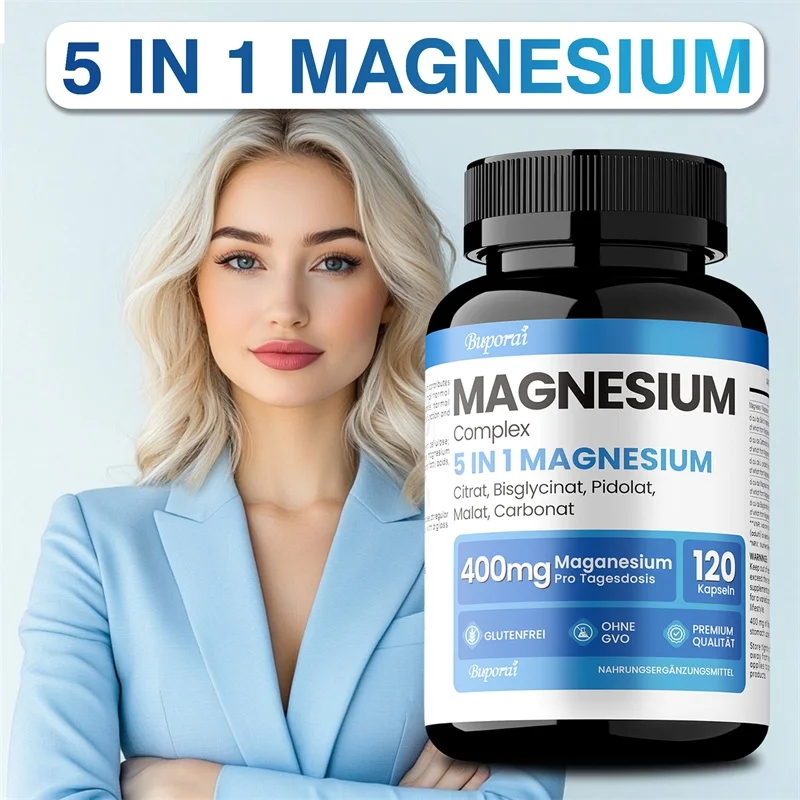 مجمع المغنيسيوم - مكمل المغنيسيوم 5 في 1 لتخفيف التوتر وتعزيز العضلات وتحسين صحة القلب