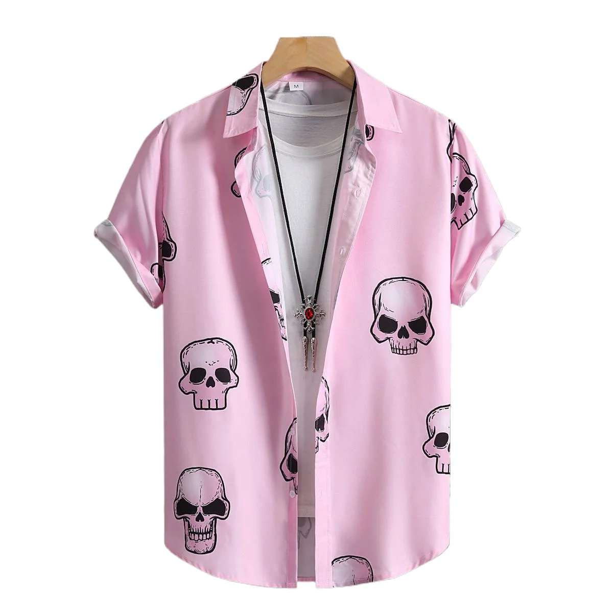 

Men Shirt Short Sleeved Men's Shirt Retro Pink Skull Summer Party Holiday New Style