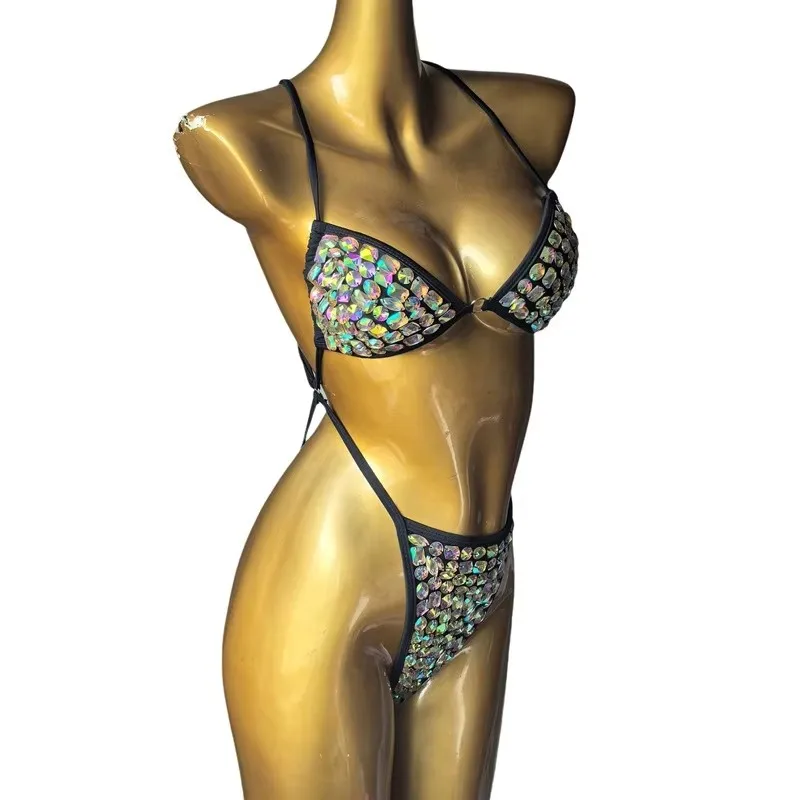 Women Slim Sexy Hand-sewn Crystal Bikini Swimwear Rhinestones Swimsuit Bar Bikini Bathing Suit for Nightclub Stage Rave Outfit