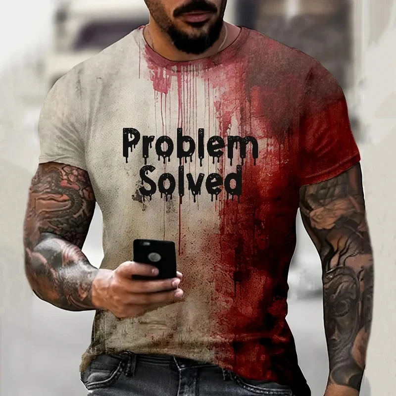 Herren-T-Shirt „Halloween Problem Solved Blood Drip Print“ – Leichtes Kurzarm-T-Shirt mit Rundhalsausschnitt für Feiertagspartys und Freizeit – Detail 1