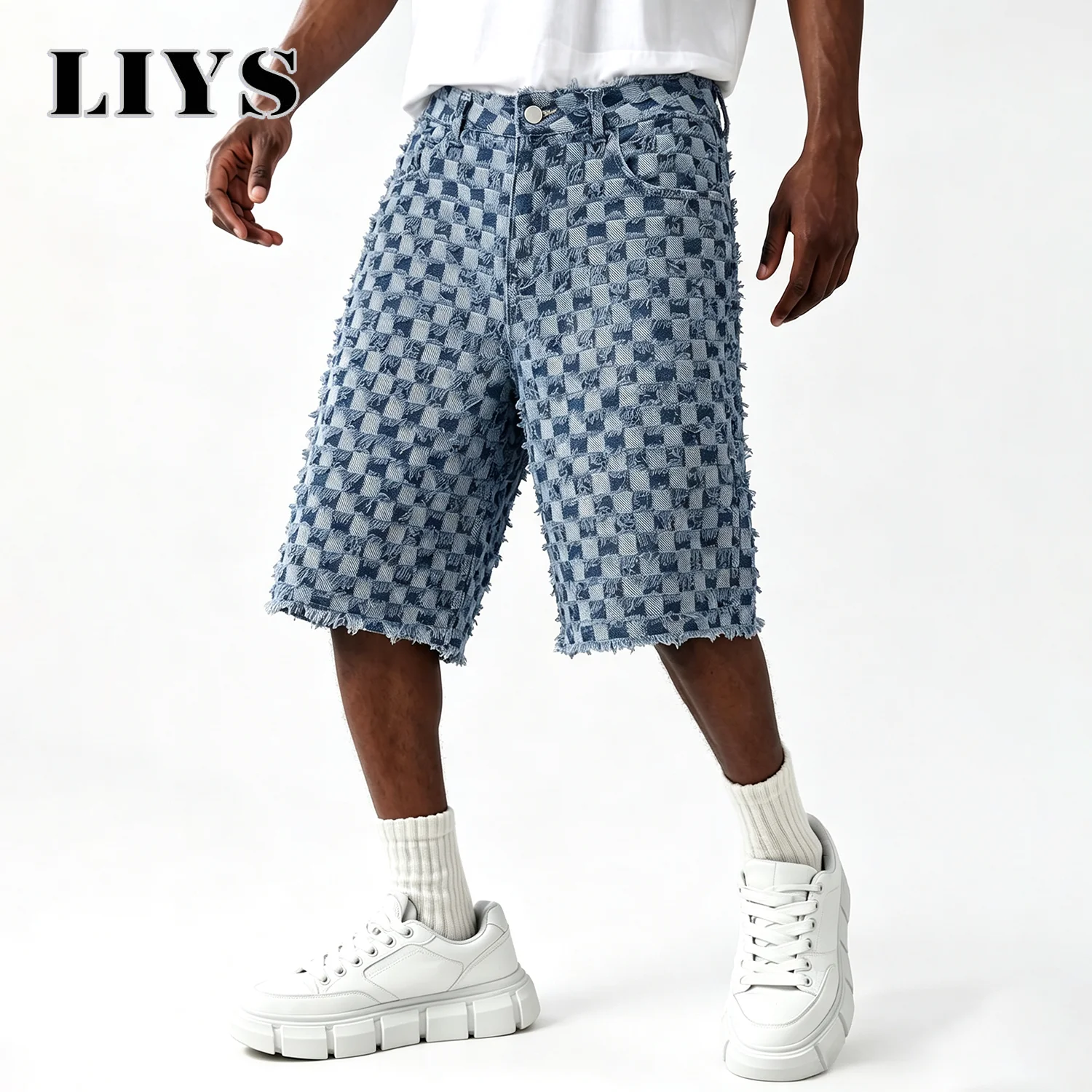 LIYS Men Fringe Checkerboard Jacquard Jean Shorts Casual Loose Wide Leg Raw Hem Knee Length Shorts Summer Bermuda Jeans