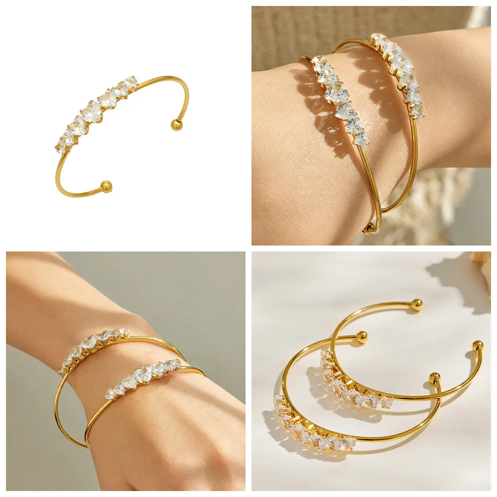 Edelstahl-Manschettenarmbänder mit Herz-Zirkon, Cubic Zirconia Armband, 18k vergoldete Armreifen, zierlicher Schmuck, Geschenk für Frauen – Detail 1