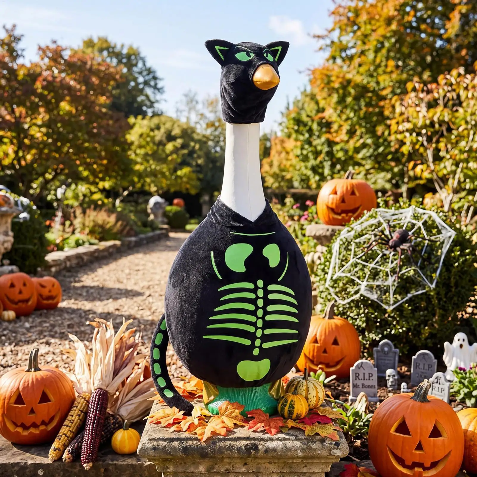 Black Cat Porch Goose Outfit Glowing Sculpture Clothes Porch Goose Costume for Women Men Parties Gatherings Yard Lawn Patio