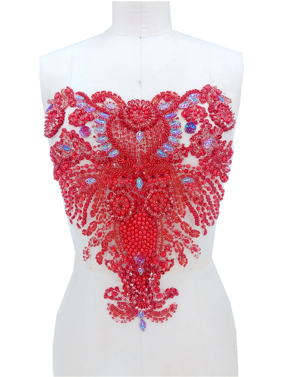 

37*37cm handmade crystal patches sew on red rhinestones applique on mesh for dress accessories