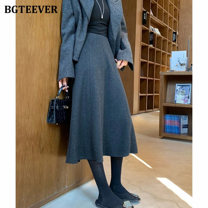 BGTEEBVER Grey Wool-blend Skirt for Women Elegant High-waisted A-line Skirt Autumn Winter