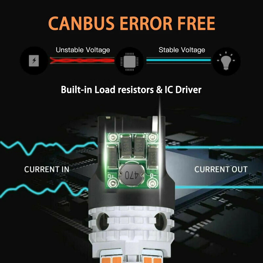 2pcs LED Light Chrome 7440 T20 Amber Canbus Error Free  Bulb Turn Signal Yellow Brake Flow Lights Accessories for Vehicles