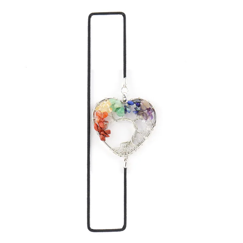 Heart Shaped Wrapped Wire Tree Of Life Elastic Bookmark Silver Colorful Rock Crystal Gravel Braid Chakra Bookmark Gift