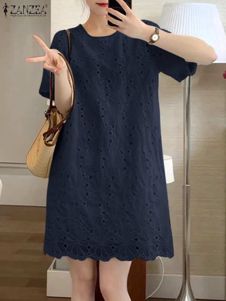 

ZANZEA Elegant O Neck Mini Dress Short Sleeve Lace Trim Women Holiday Sundress Openwork Embroidered 2024 Fashion A-line Vestidos