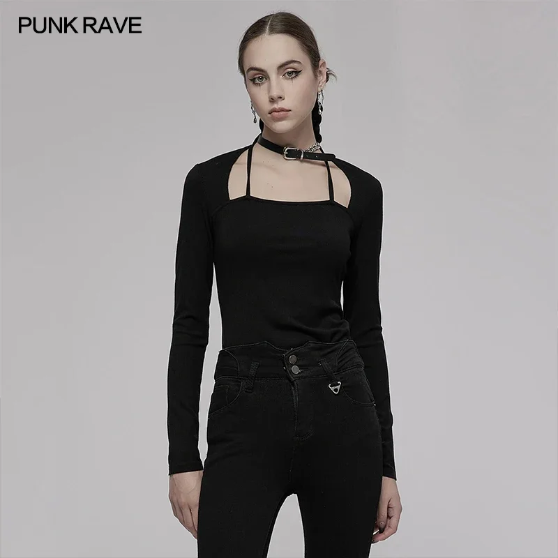 

PUNK RAVE Women's Punk Daily Fake Two-piece Long Sleeve T-shirt Comfortable Elastic Slim Simple Black Tops Spring/Autumn