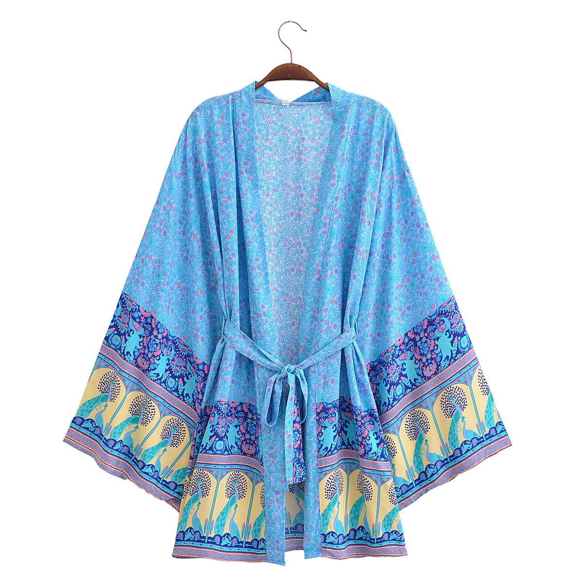 BOHO Women Apricot Flower Print Kimono Shirt Holiday Tide Bow Sashes Mid Long Cardigan Summer Blouse Beach Cape