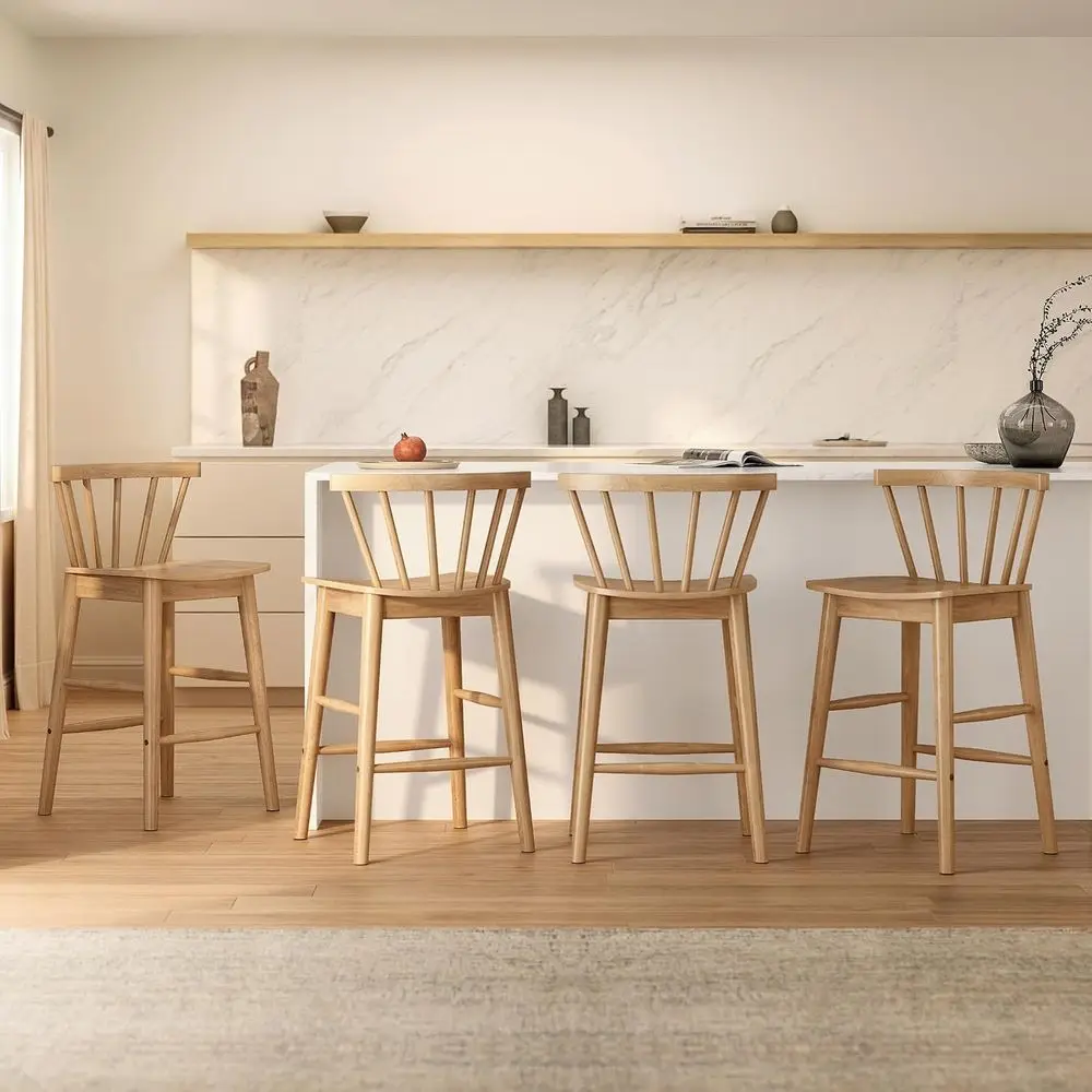 

Set of 4 Natural Oak Wooden Bar Stools with Back Support for Kitchen Island or Dining Area