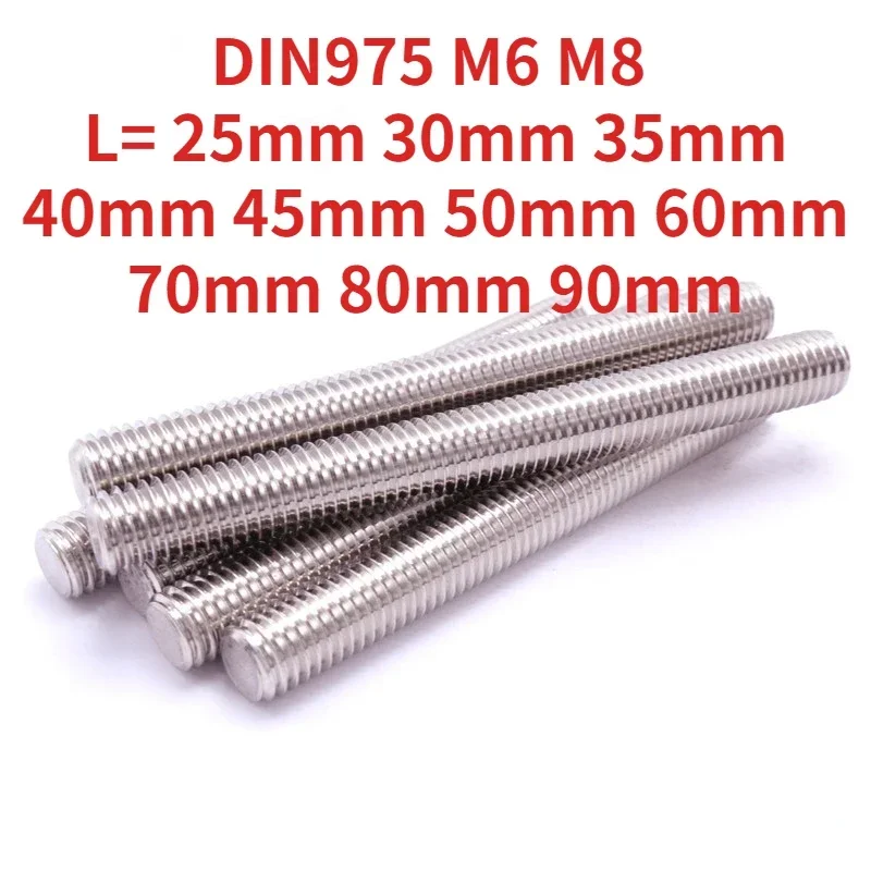 10pc DIN975 M6 M8 Threaded Rod Full-Thread Bar 304 Stainless Steel Fasteners Silver 25-90mm  30mm 40mm 50mm 60mm 70mm 80mm 90mm