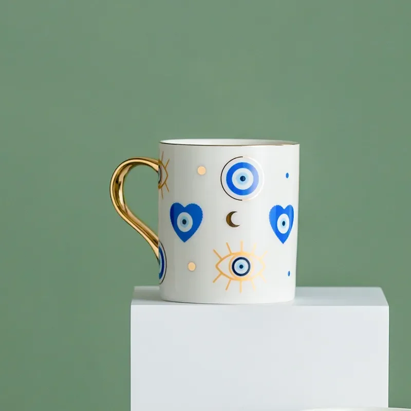 Creative Ceramic Cup Hamsa Hand of Fatima Evil Blue Eye Turkish Ceramic Coffee Mug Home Breakfast Milk Novelty Cup Couples Gifts