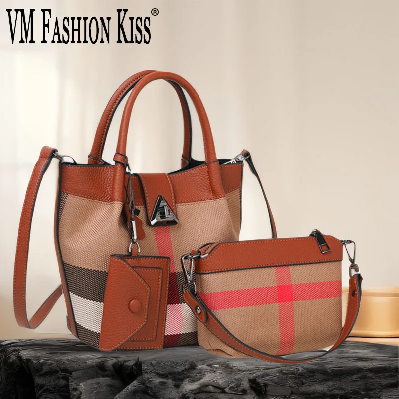 

VM FASHION KISS Large Stripe Canvas + Split Leather Women's Bucket Bag Multifunctional 3-in-1 Handbag Set Shoulder Or Crossbody