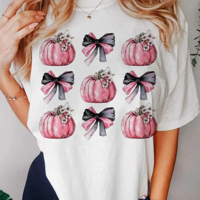 Roze Strik Pompoen Print Schattig Dames Casual Basic T-shirt met ronde hals Korte mouwen Bedrukt T-shirt Dames Patroon Top T-shirt