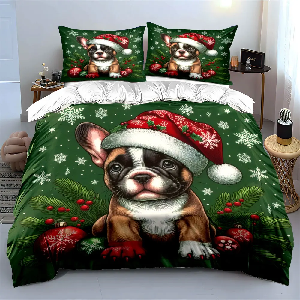 Puppy in Santa Hat with Festive Decor Print Duvet Cover Bedding Set Included 1*Duvet Cover 2*Pillowcases Luxury gifts