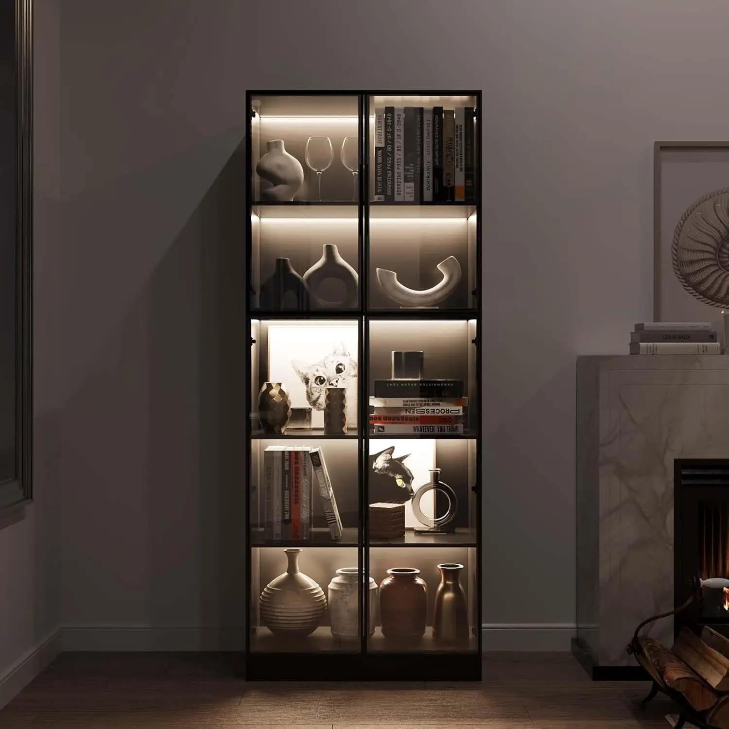 Display Cabinet with Glass Doors and LED Light,Bookcase with 5-Tier Shelves,Trophy Glass Display Case,31.5 