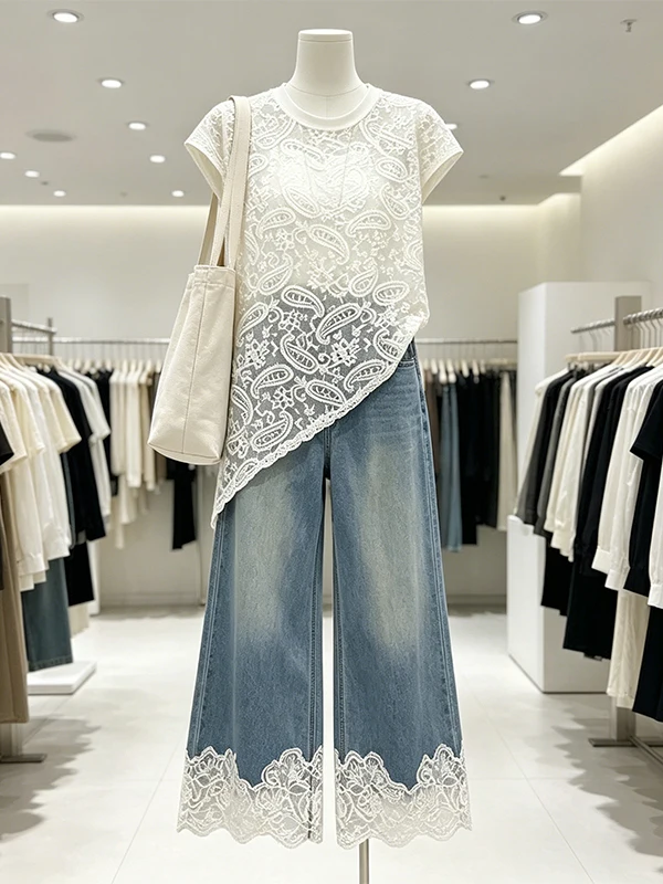 plus Size Women's Summer Thin Lace Hook Floral Top High Waist Jeans Two Piece Set Korean Style Commute Fashion Loose Fit Shor...