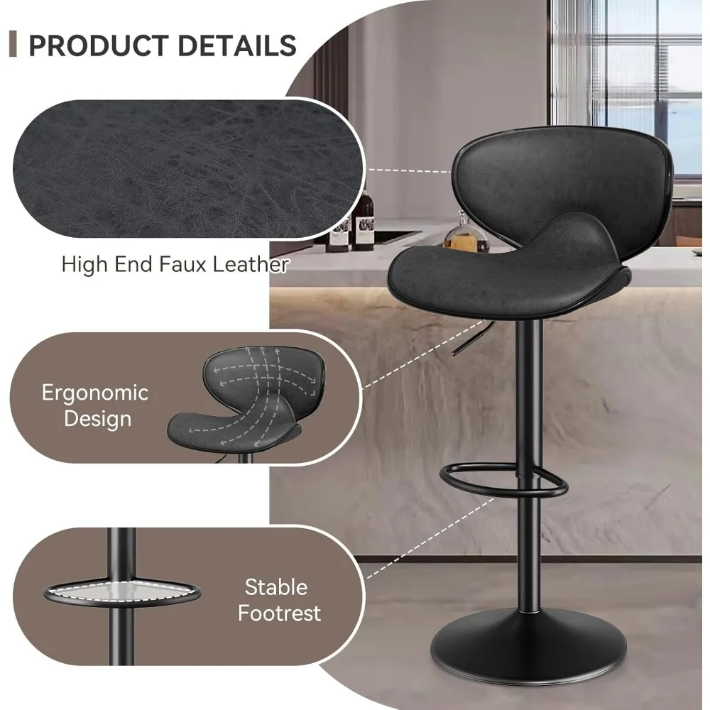 Set of 4 Faux Leather Swivel Bar Stools with Backrest and Adjustable Height for Kitchen Counter