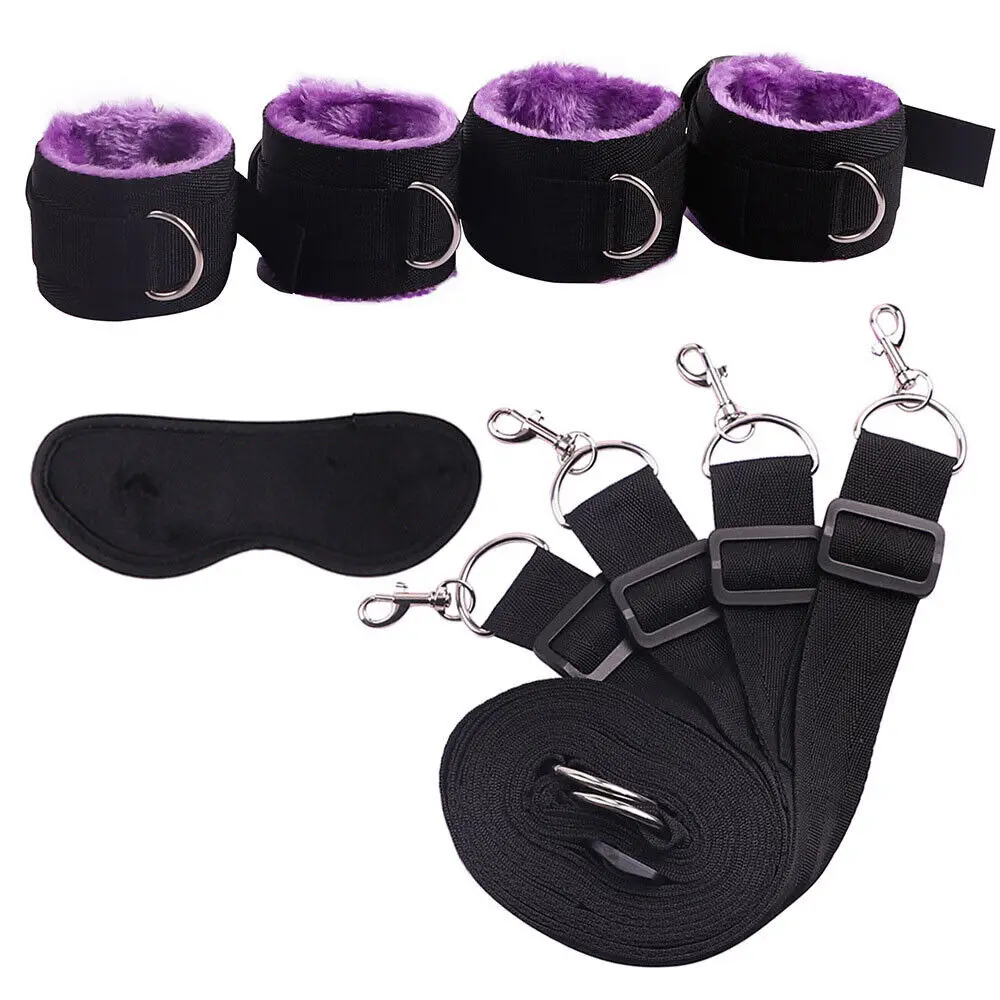 Conjunto Bondage Venda, Arnês SM, Algema, Punhos no Tornozelo, Preto e Roxo, Restrição De Cama