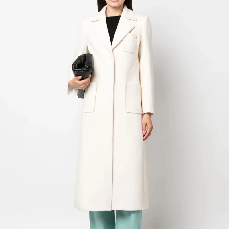 

White Solid Women Woolen Coat Fashion Warm Long Sleeve Turn-Down Collar Coat 10277