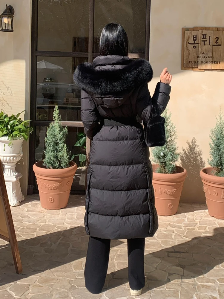 Unten Mantel Frauen Winter Echt Fox Pelz Kragen Mit Kapuze Pelz Jacke Dicke Herbst X-lange Weiße Ente Unten Jacke überwäsche