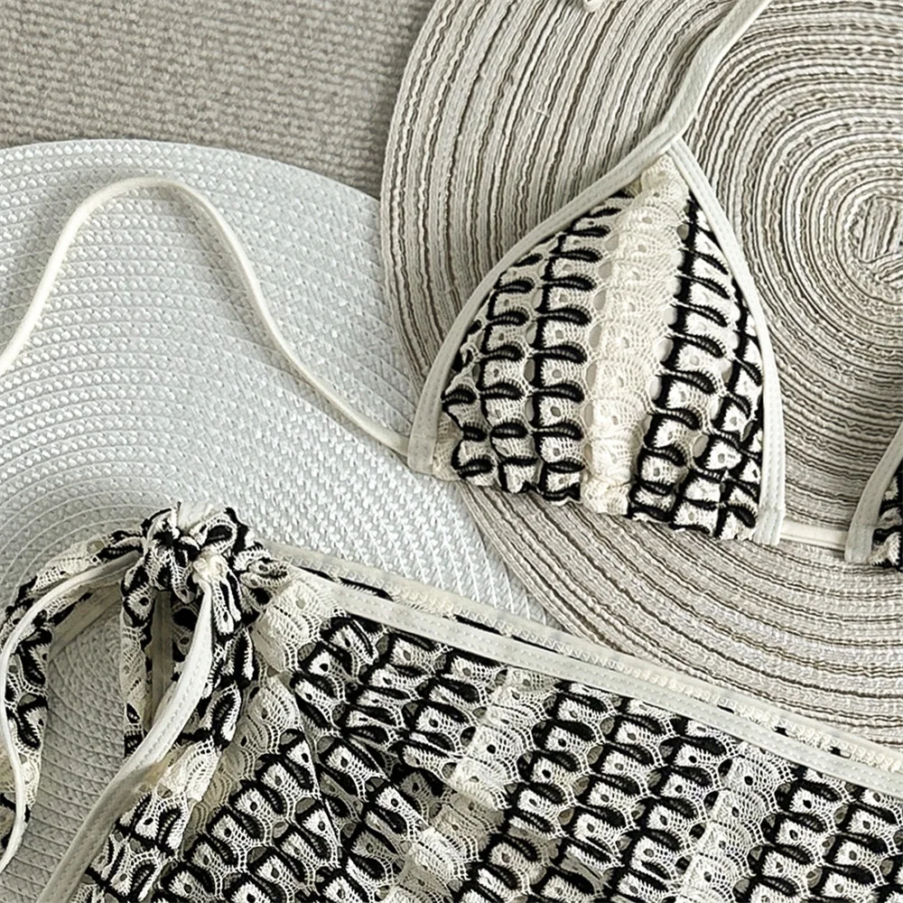 التباين اللون بيكيني شبكة الكروشيه ضمادة التستر مايكرو سلسلة الدانتيل متابعة ملابس السباحة عارية الذراعين النساء 3 قطعة عطلة الشاطئ ملابس السباحة #6