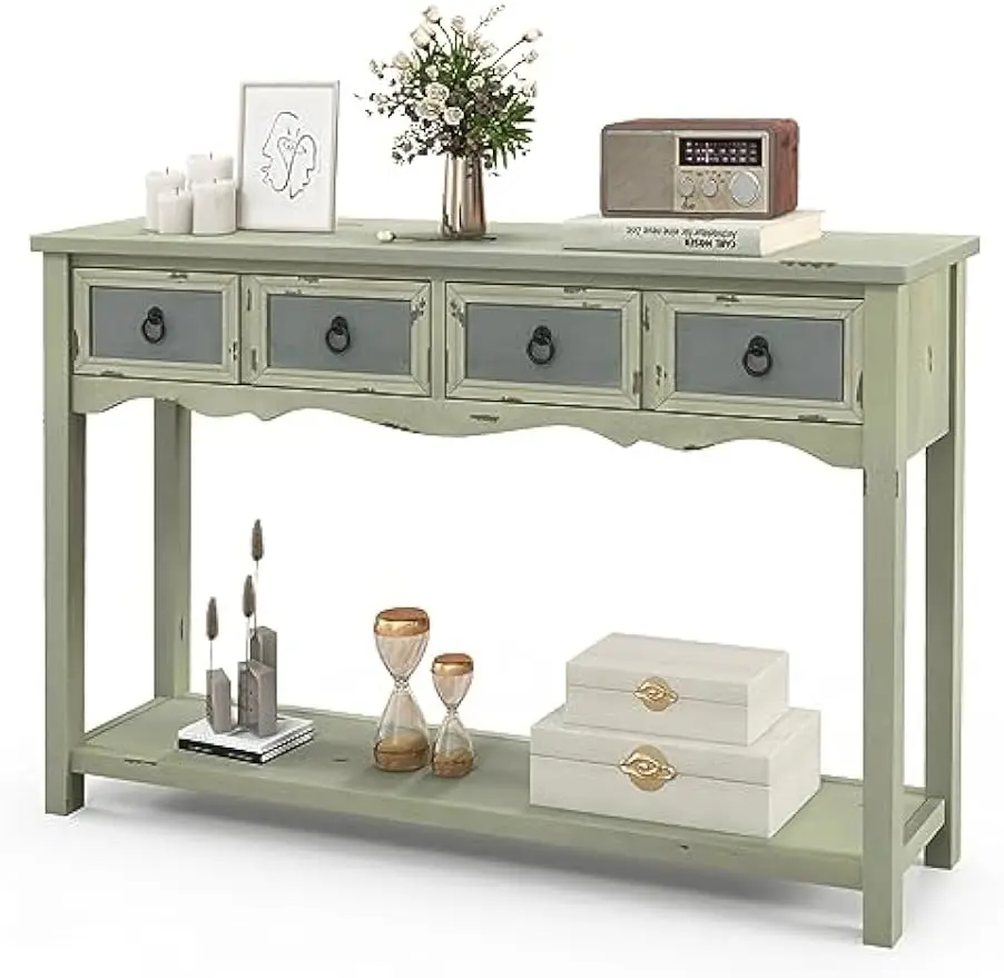 Console Table with Storage - 48” Antique Entryway Table with 4 Drawers, Open Shelf, Solid Wood Legs, Long & Slim Sofa Side Table