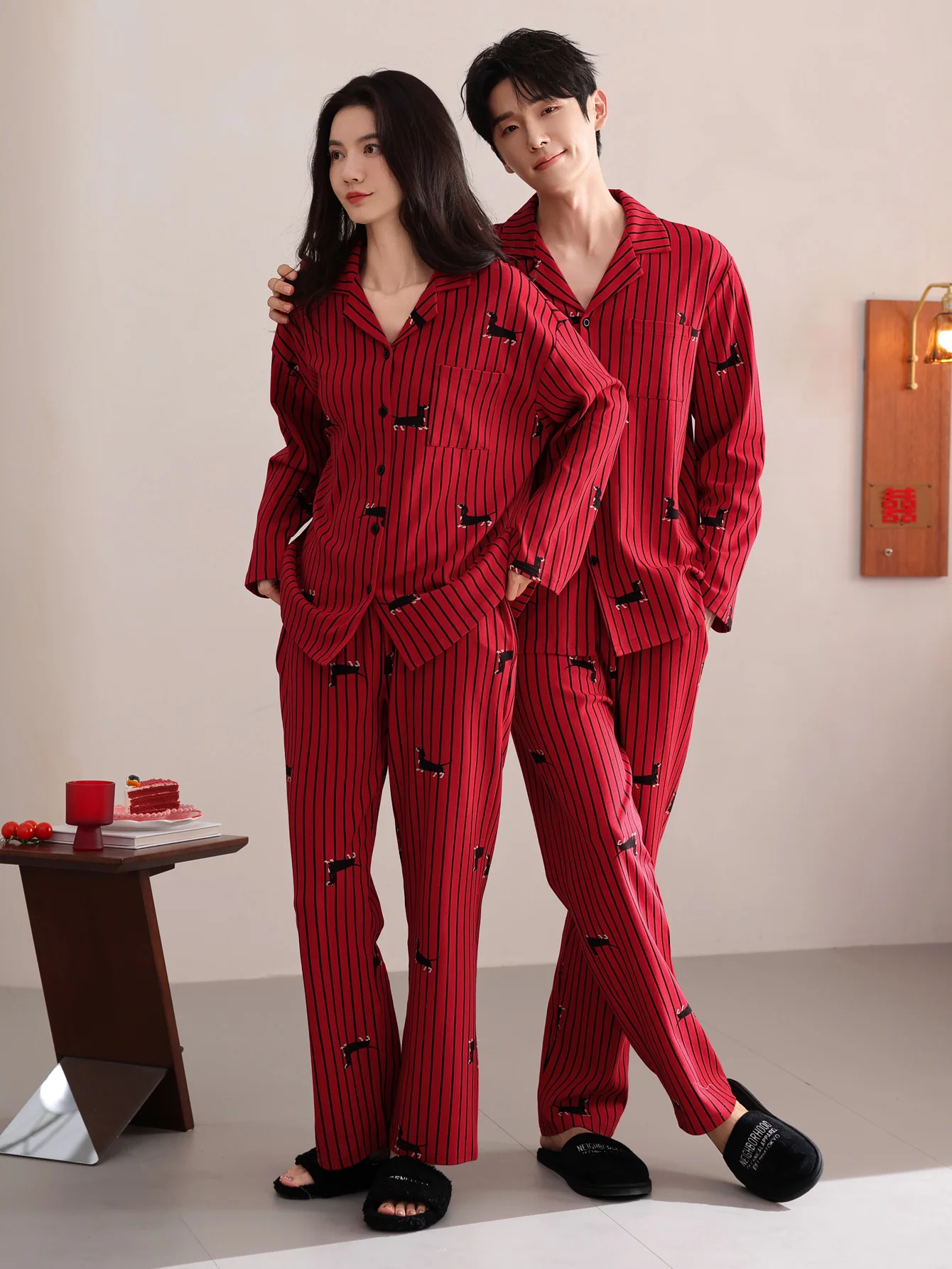Set di indumenti da notte per coppia, pantaloni a maniche lunghe in cotone 100% da uomo o da donna, vestiti per la casa in puro cotone rosso da sposa, autunno e inverno