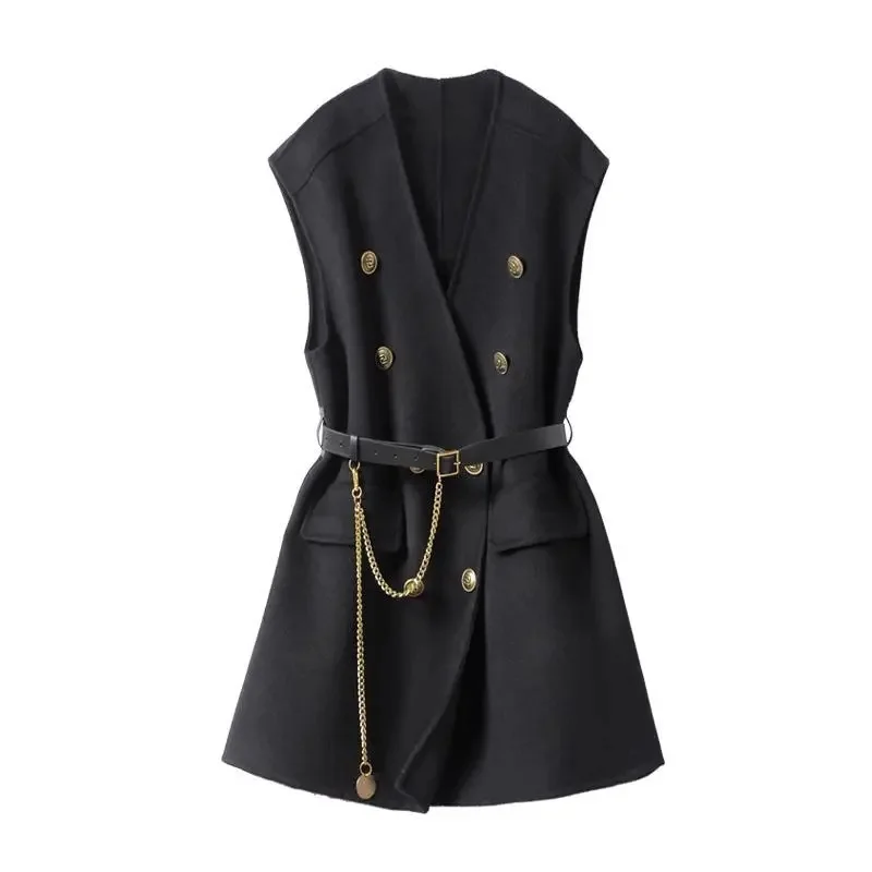 

Korean Ladies Fashion Leisure Belt Waistcoat Top Spring Autumn Female V-neck Vest Outwear 2025 Women Woolen Sleeveless Jacket