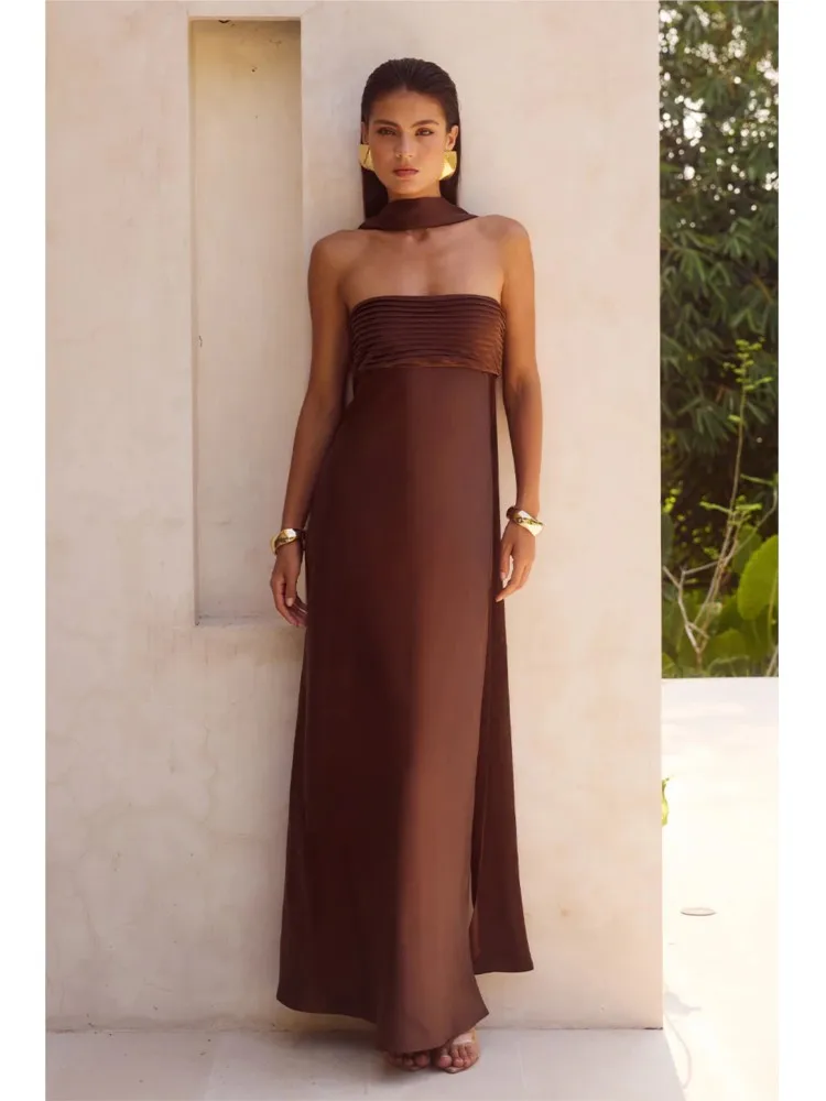 

2025 Trendy Summer Satin Dress For Women Pleated Strapless Halter Neck Backless Sexy Solid Color Tie Elegant Midi Evening Dress