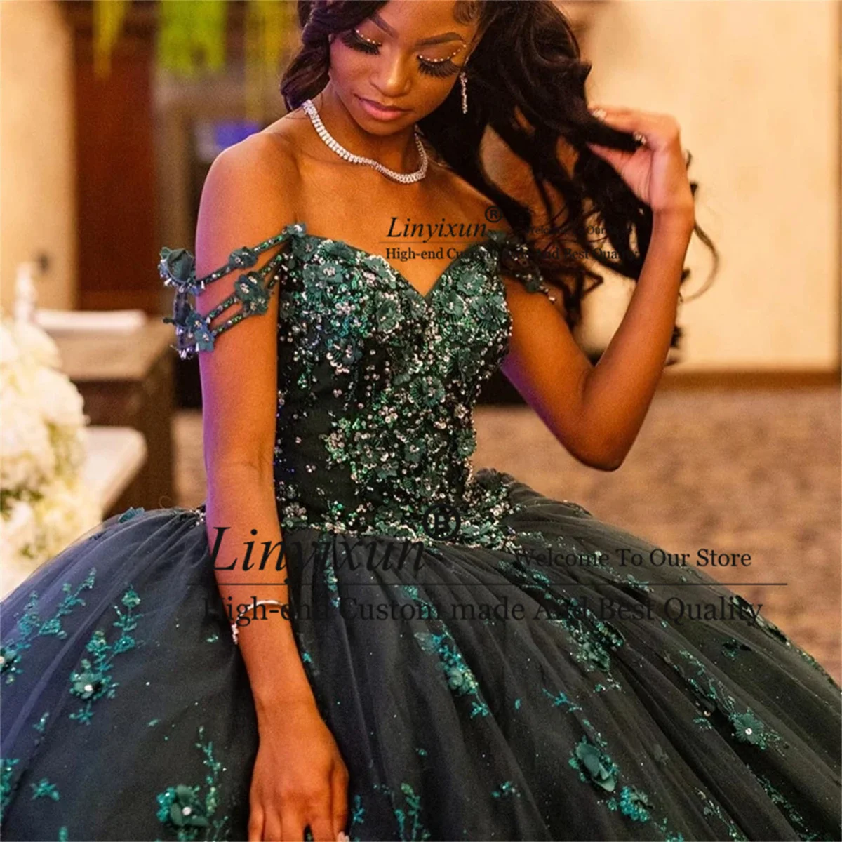 Vestido de quinceañera con purpurina verde negruzco, vestido de princesa de tul sin hombros, dulce 16, apliques de flores, cuentas, 15 años