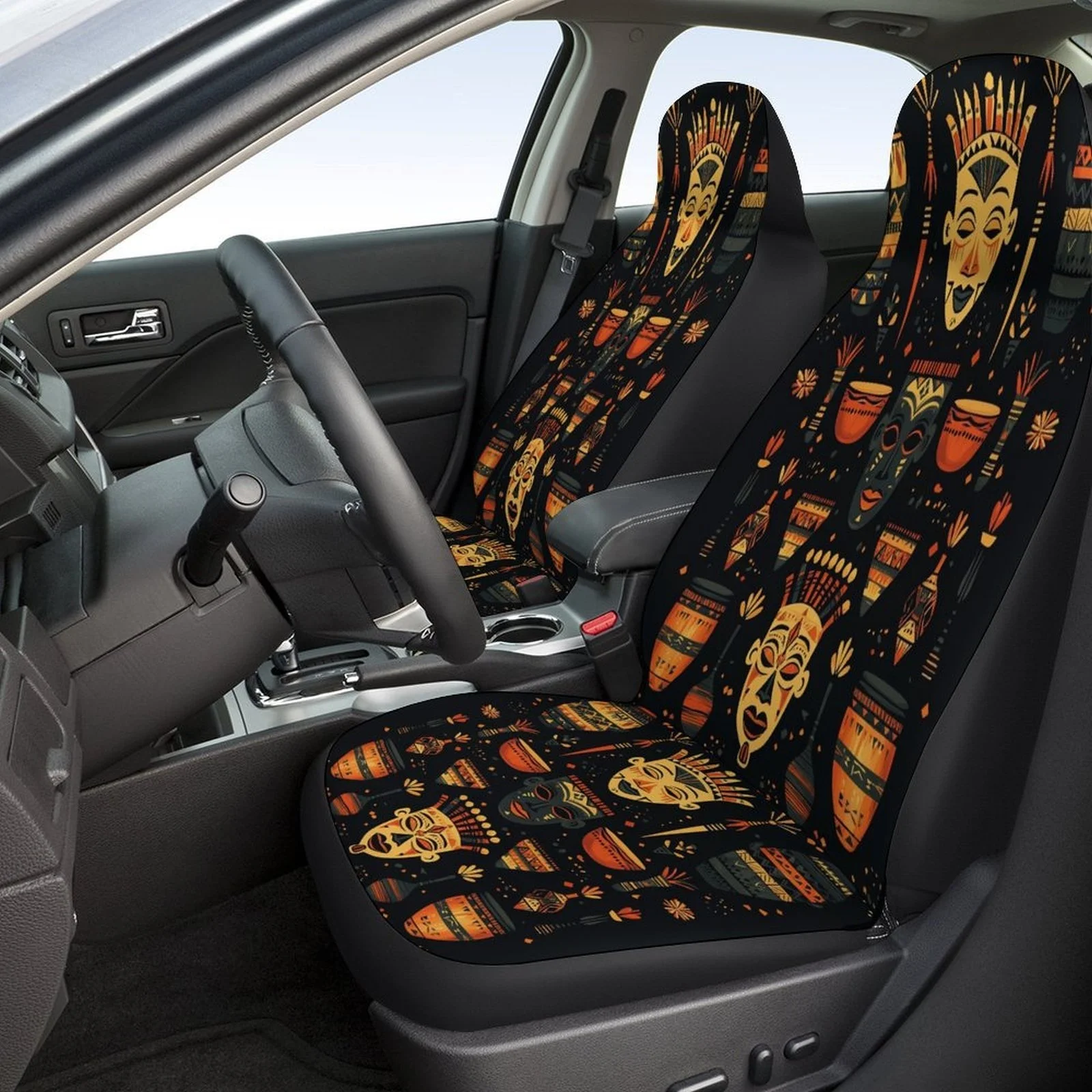 African Masks Art Themed Car Seat Cover Set For Most Cars, Trendy Novelty Car Seat Protector Covers Full Set, Car Seat Covers F
