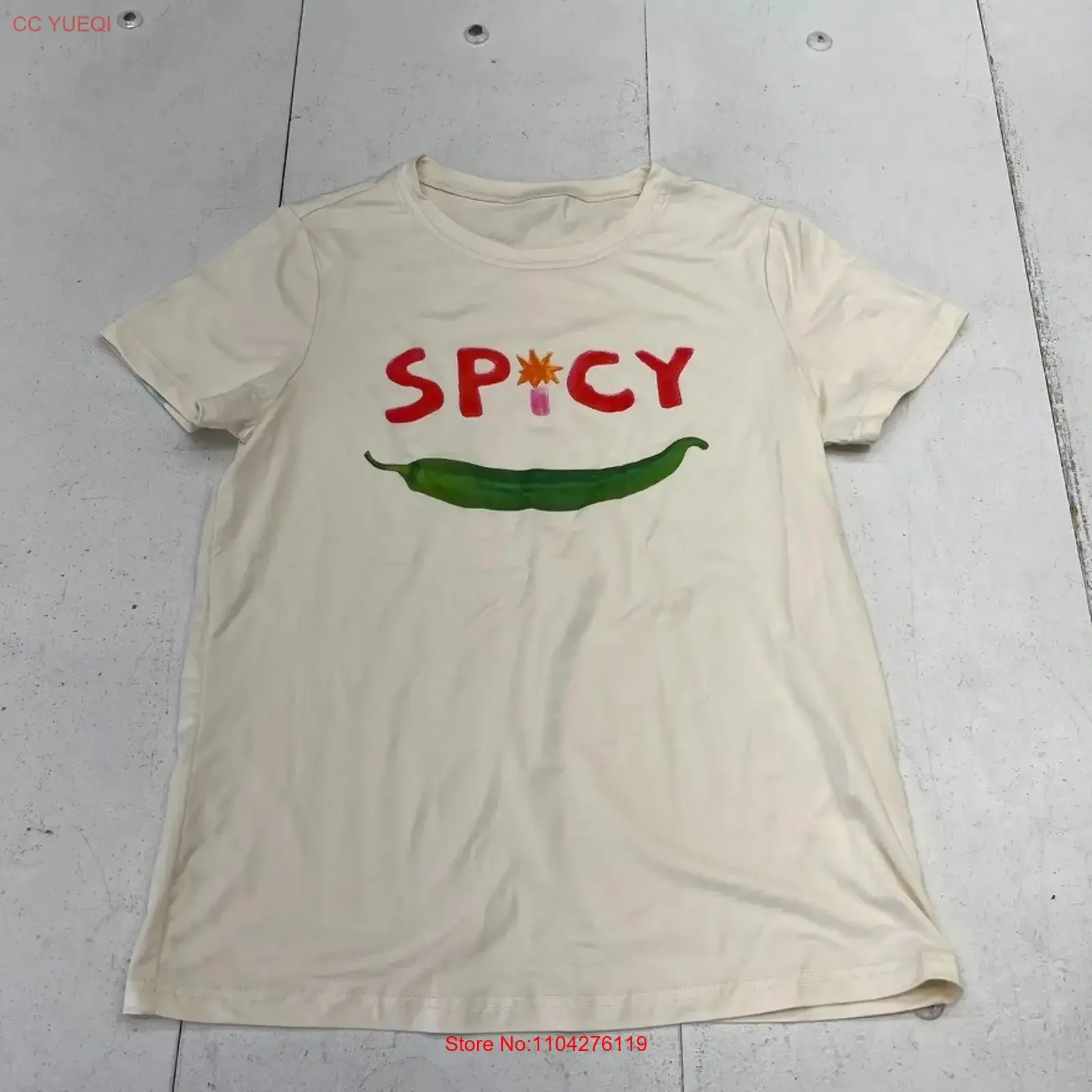 Beige Spicy Pepper Print  T Shirt Women's Size Small NEW Defect vintage Washed Soft Casual Breathable designer clothes