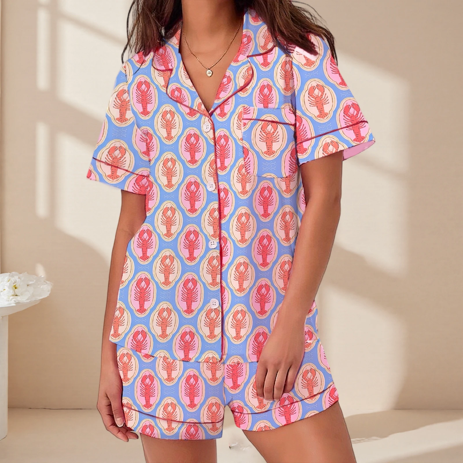 

Cute Short Sleeve Lobster Print Shirt Shorts Set Women’s 2 Piece Pajamas Set Lounge Clothes