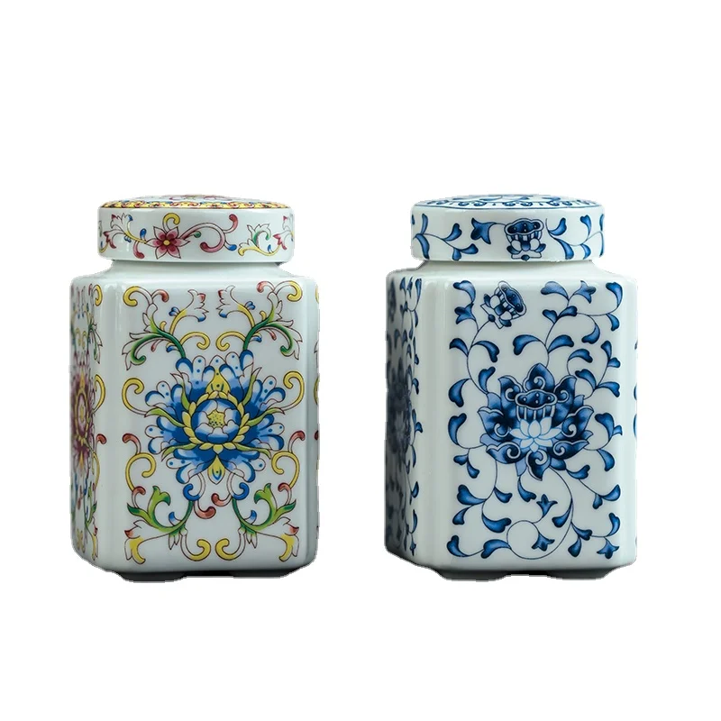 

Ceramic jar blue and white porcelain trumpet mini sealed jar enamel travel jar square jar