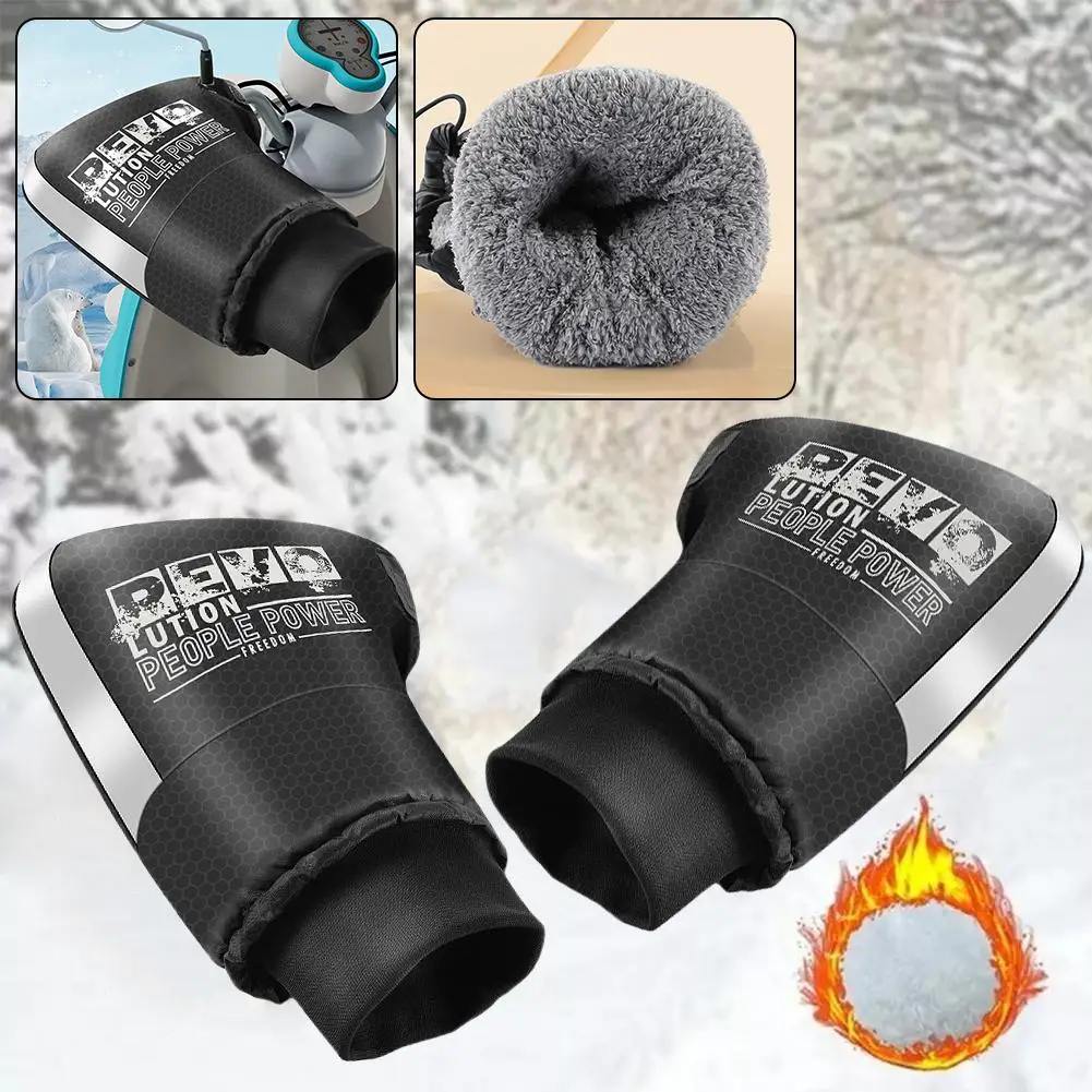 1 Pair Winter Motorcycle Snow And Waterproof Warm Handlebars With Gloves Velvet-lined Riding Outdoor Strip Reflective Thick H8T1