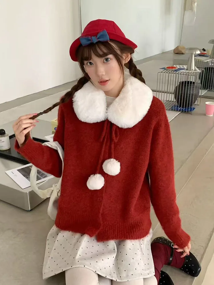 

Vintage Gentle Knit Cardigan Women Button Fur Collar Patchwork Casual Sweater Lace Up Fluff Ball Korean Loose Sweet Knitwear Top