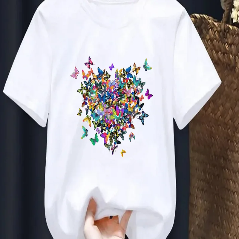 Boys Girls Colorful Heart‑Shaped Butterfly Print T‑Shirt Short Sleeve O‑Neck Casual Loose Kids Fashion Daily Tees Tops