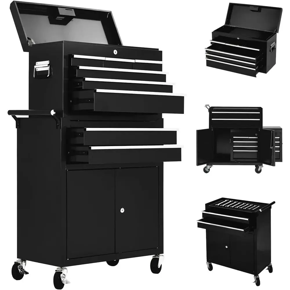 

Черный мобильный ящик для инструментов с 8 ящиками и съемным шкафом, вместительное хранилище для мастерских и гаражей