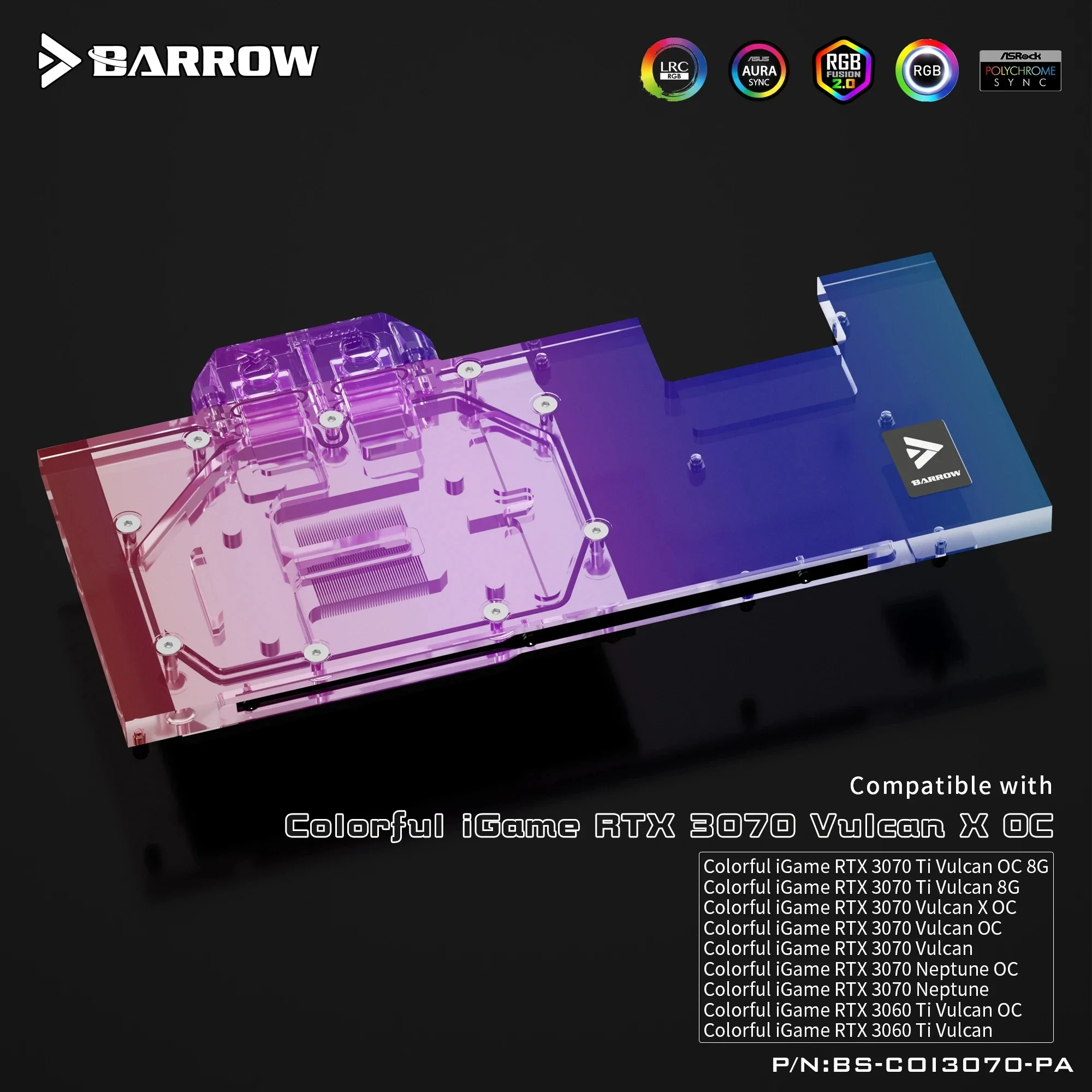 Imagem -05 - Barrow-bloco de Água Gpu para Placa Gráfica Colorida Igame Rtx 3070 3070ti 3060ti Vulcano 5v Argb 3pin Bs-coi3070-pa