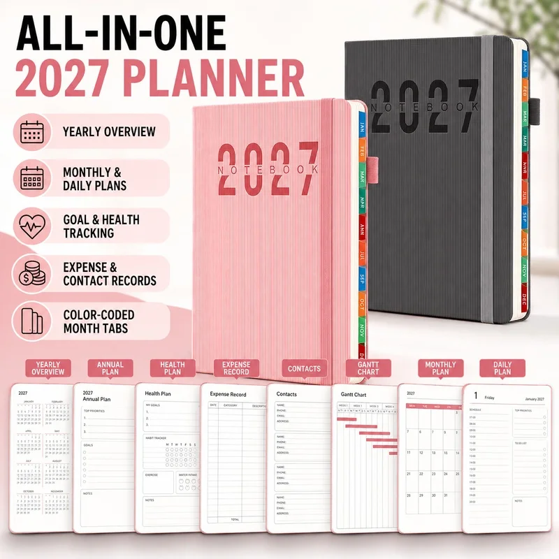 2027 A5 Daily Planner, 400-Page English Schedule Notebook with Monthly Tabs, Yearly Overview, Goal Tracker and Pen Loop