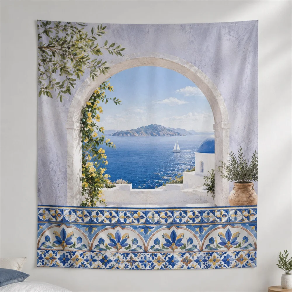 VIKAMA Arch Sea View Layered Bands Tapestry Wall Hanging, Mediterranean Wall Art Tapestries for Study Living Room Bedroom Office