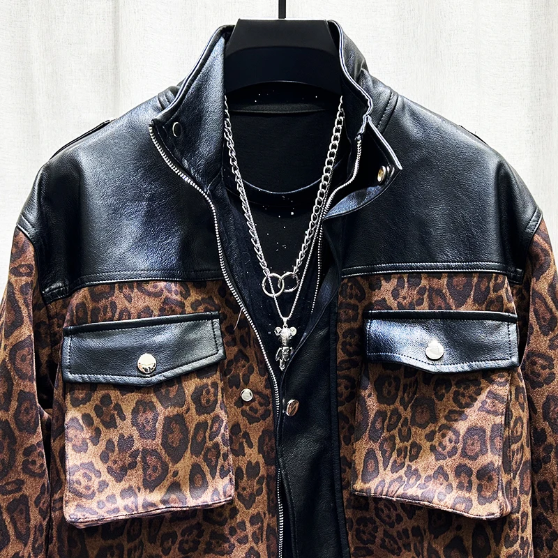 PFHQ Retro Leopard Men\'s Print Jacket Personalized Design Spliced PU Leather Short Imitation Suede Coat Patchwork 21Z7553