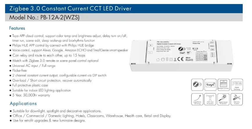 10V-42VDC 2CH *(150-450mA) Controller Driver LED a corrente costante 12W Zigbee 3.0 Tuya APP Cloud Adjust CCT faretto da incasso