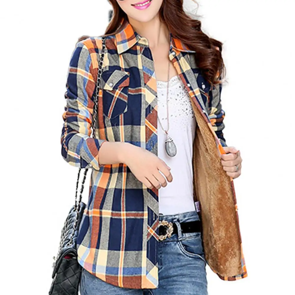 

Women Autumn Winter Plaid Print Shirt Coat Lapel Long Sleeve Pockets Single Breasted Jacket Thick Fleece Lining Casual Blouse