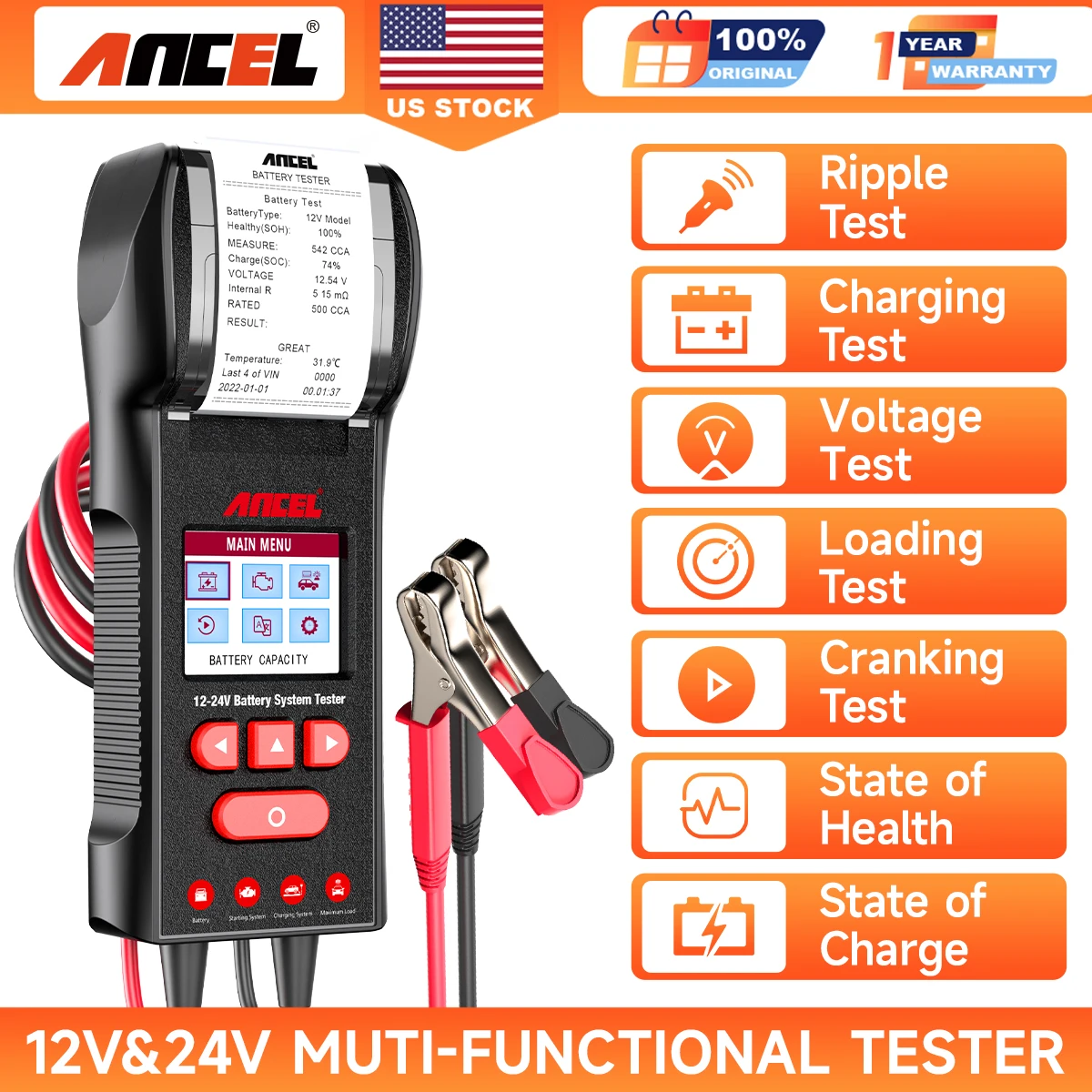 

ANCEL BST600 with Printer Car Battery Tester 12V/24V 100-2000CCA Battery Temperature Load Tester Cranking Charging System Test ﻿