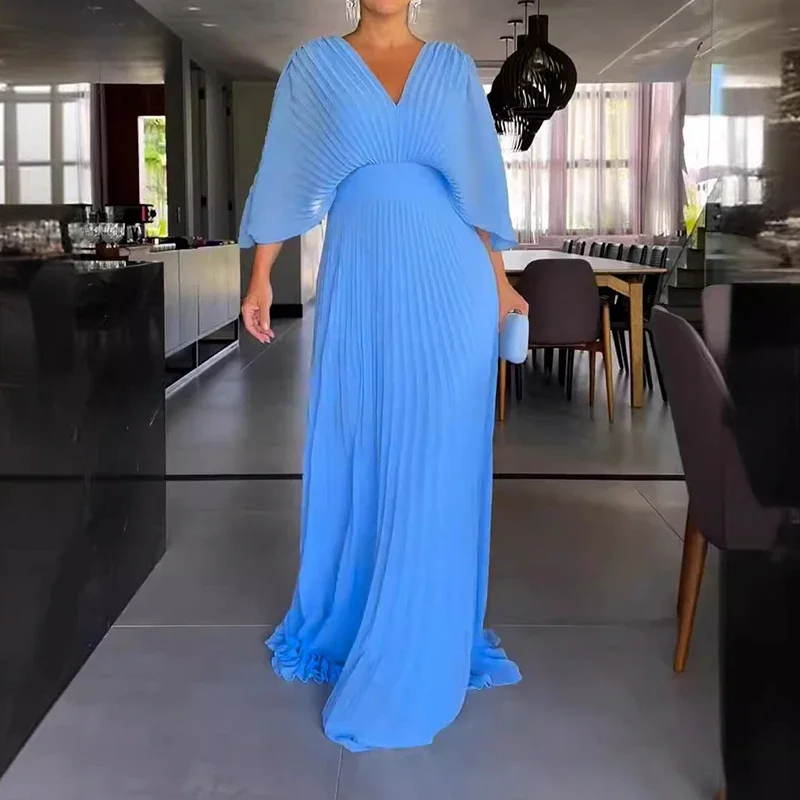 Women\'s Casual 3/4 Sleeved Solid Robe Dresses Summer Hollow Backless Pleated Long Dress Elegant V-neck High Waist Evening Dress