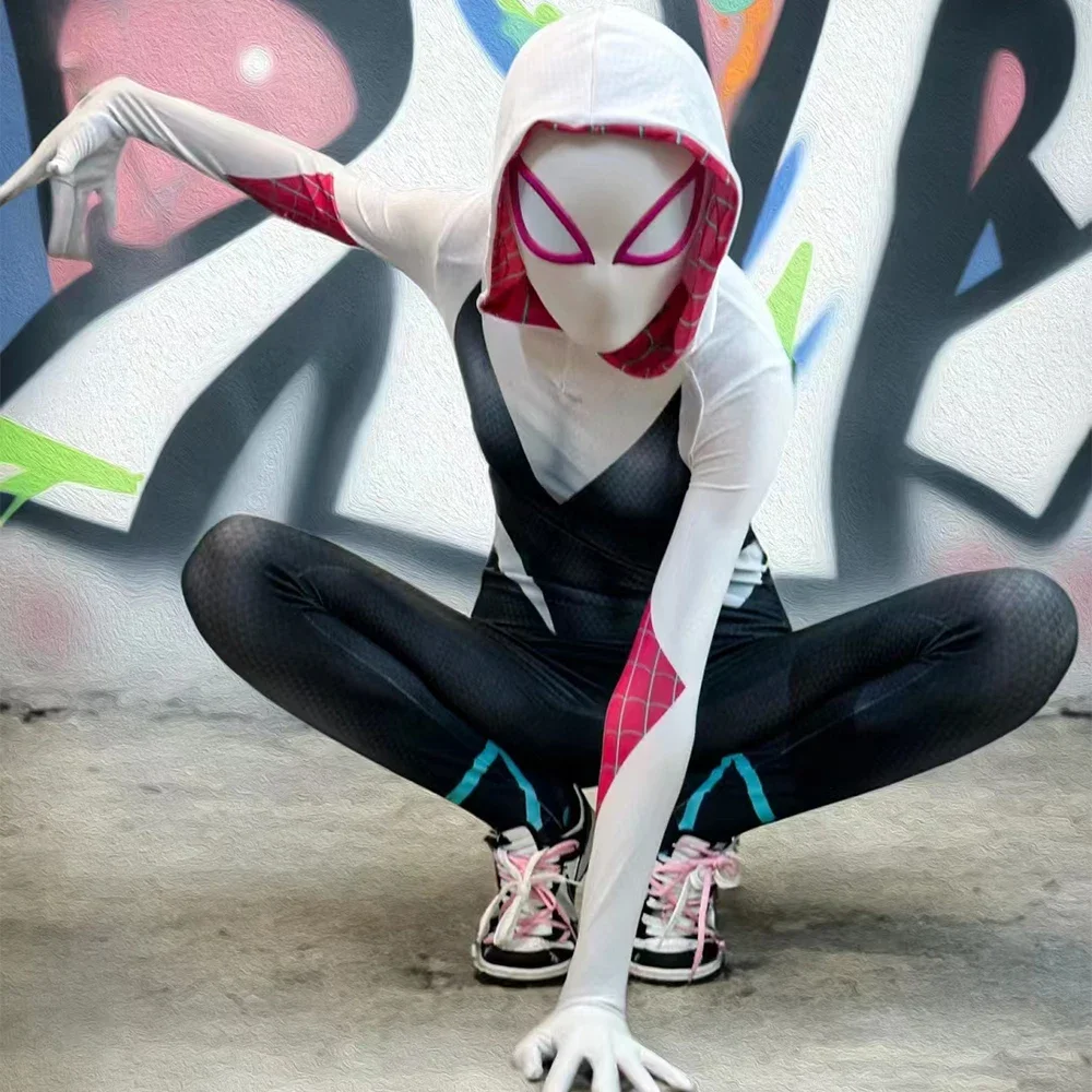 Disfraz de superhéroe SpiderMan Into The Spider-Verse, Gwen Miles, traje de Hombre Araña, Mono para amantes, pareja adulta, vestido de fiesta