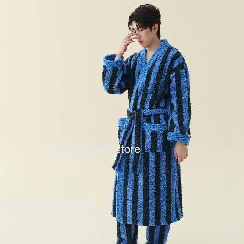 Men Autumn Winter Coral Fleece Bathrobe Thick Warm Extra Long Couple Sleepwear Set Soft Loose Indoor Home Loungewear